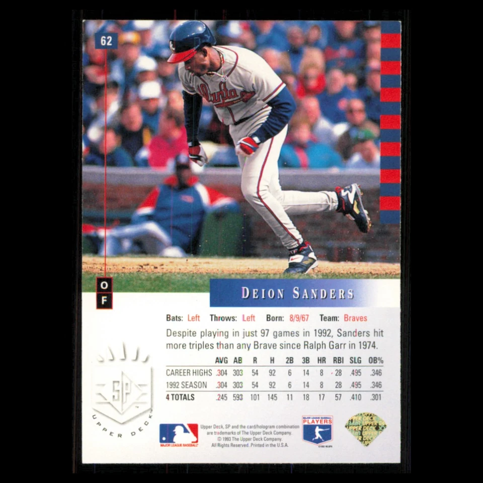 Deion Sanders #62 1993 SP Atlanta Braves Baseball Card MLB NM - Image 2 of 3
