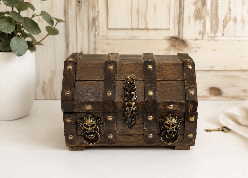 1970S Pirate Jewelry Box Hidden Compartment Lion Head Hardware Red Velvet Lined