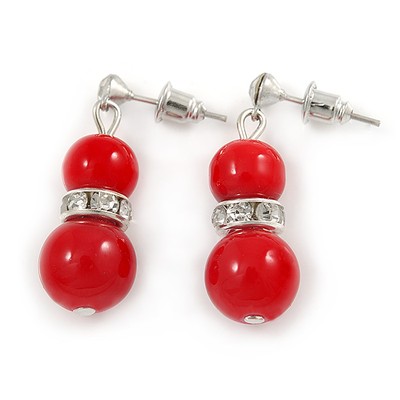 9mm Bright Red Ceramic Bead With Crystal Ring Drop Earrings In Silver Tone -