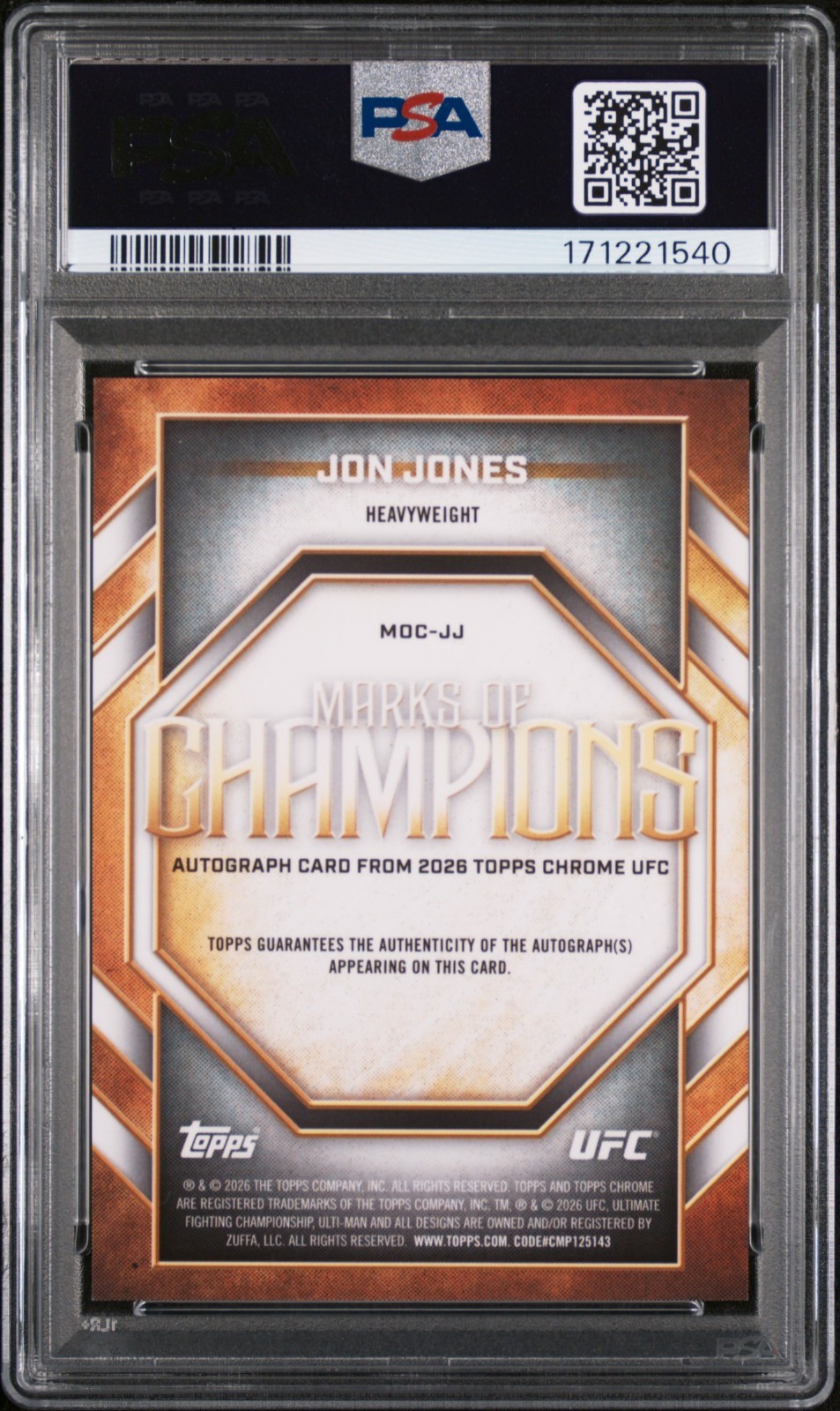 JON JONES 2026 TOPPS CHROME UFC MARKS OF CHAMPIONS GOLD AUTOGRAPH CARD /50 PSA 9 view 2