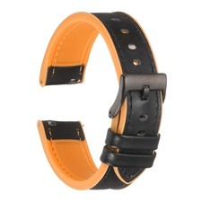 20mm Genuine Leather Watch Band with Silicone Waterproof Lining, Black Orange