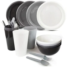 24Piece Plastic Plates and Bowls Sets Dinnerware Set Dishes Set for 4,College...