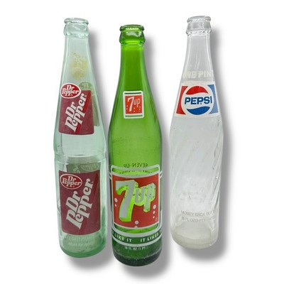 X3 VINTAGE 1970S POP TOP GLASS BOTTLES 7-Up Dr Pepper Pepsi