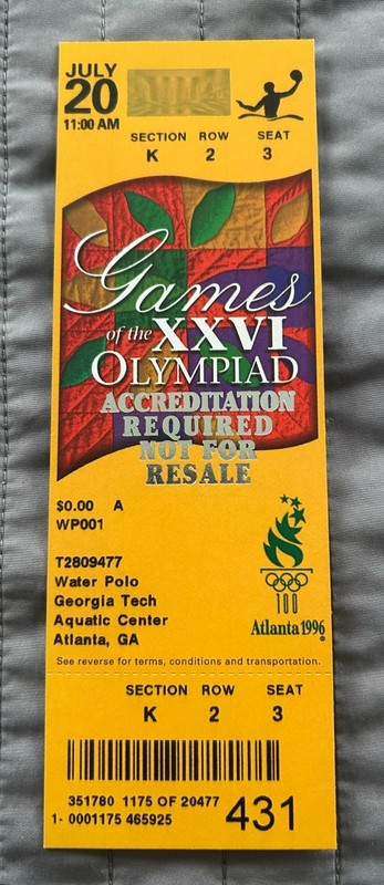 UNUSED 1996 Atlanta Olympic Water Polo Ticket (suitable for framing)