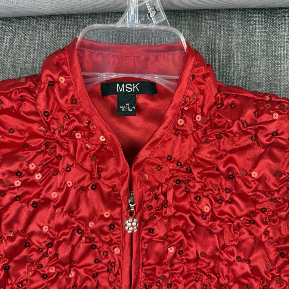 NEW MSK Women’s Medium Red Sequined Zip Front Ruched Long Sleeve Jacket Top - Image 2 of 4