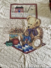 Americana Bear Baby Crib Quilt 28 x 38 Cross Stitch Embroidery - Handmade Vtge