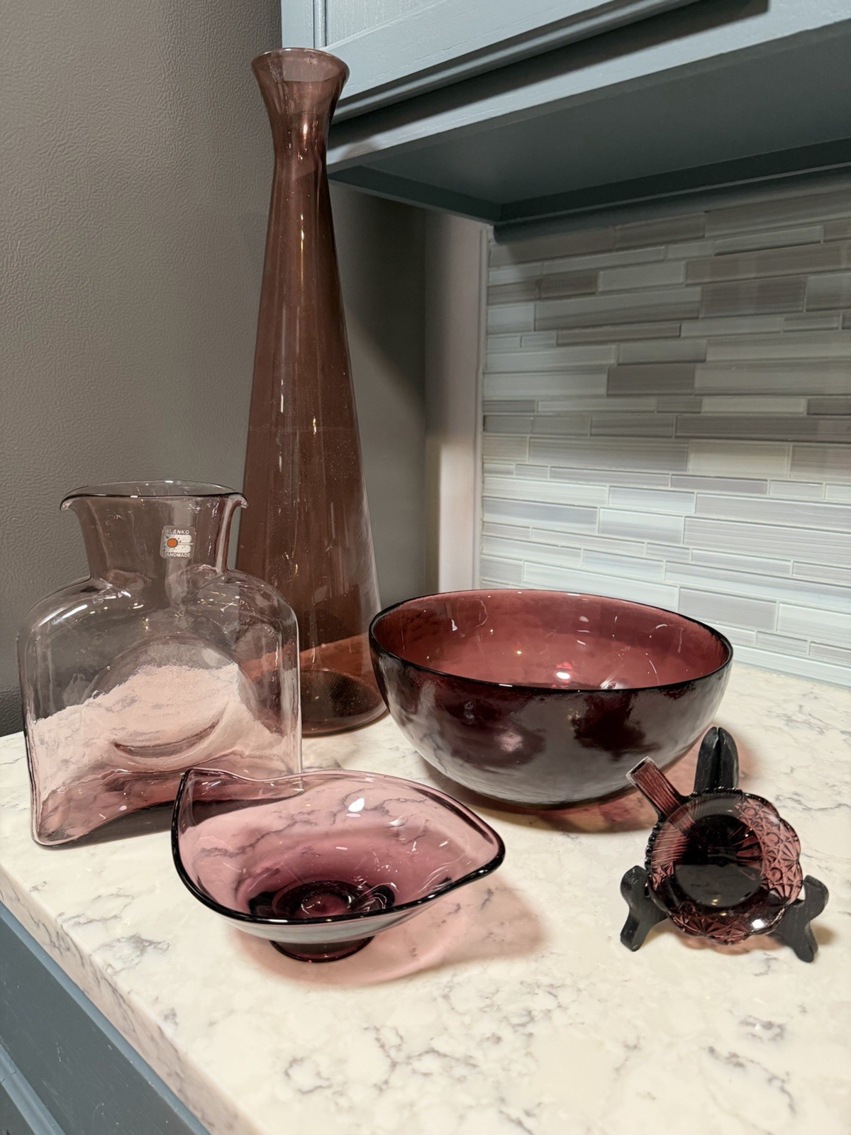 VTG BLENKO Amethyst Purple, Double Spout Bottle w/ Sticker, & Other Glass