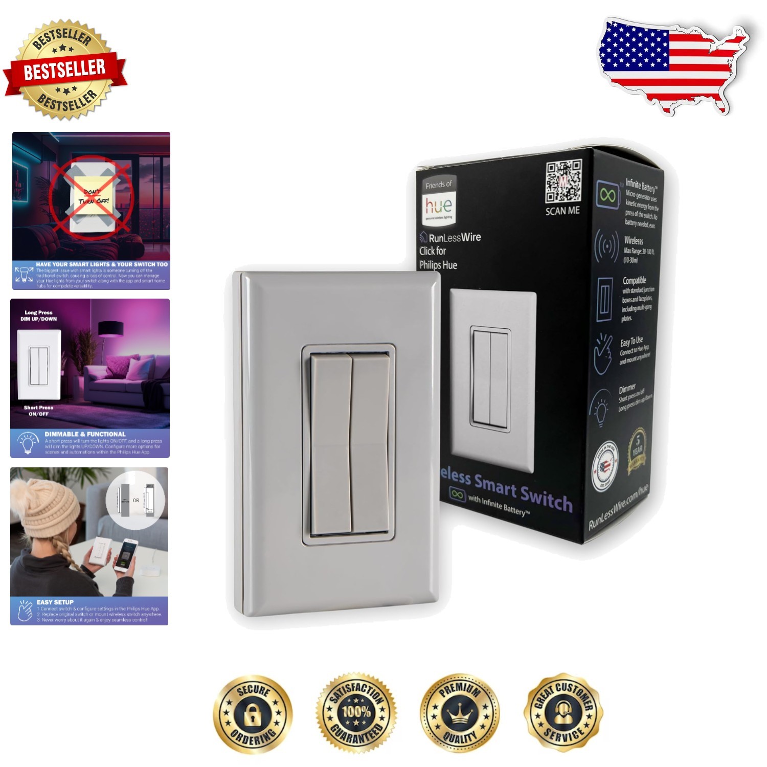 Eco-Friendly Philips Hue Smart Switch - Wireless Dimming Control for Any Room