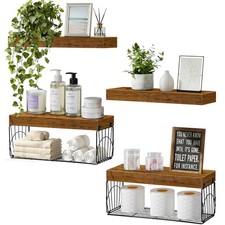 4 Pack Wall Mounted Rustic Wood Floating Shelves with 2 iron Hanging Baskets,...