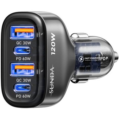 120W USB C Fast Car Charger, 4-Port Adapter Gray