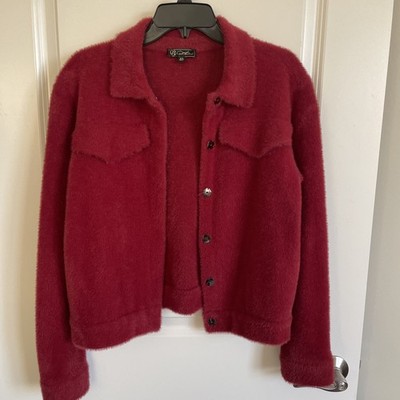 Vintage DG2 Diane Gilman Women's Red Fuzzy Snap Front Jacket Size XS-M