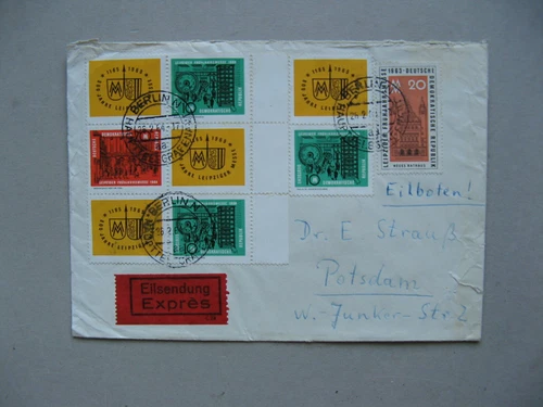 GERMANY DDR, expresse cover FDC1964, ao block of 6 Leipzigermesse
