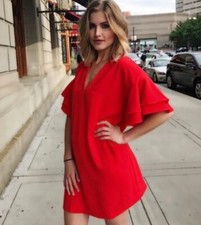 Zara |💃Red Ruffle Sleeve Shift Dress Oversized V-Neck Women's Small