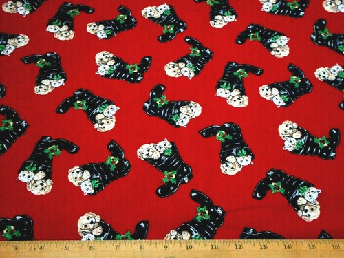 Christmas Fabric By Yard Puppy Dog Kitty in Santas Blk Boot Dk Red Cotton Vtg #C