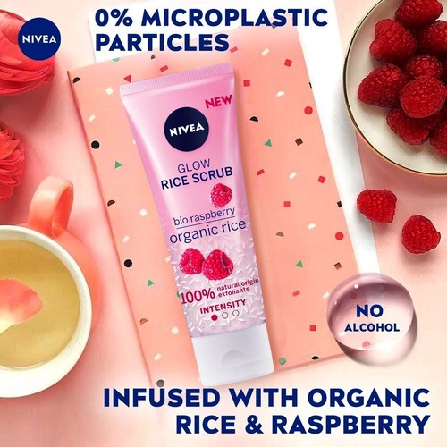 NIVEA Glow Rice Scrub Bio Raspberry Organic Rice 75ml - 100% Natural Exfoliants - Picture 8 of 14