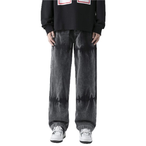 Mens Straight Leg Denim Pants Mid Waist Inelastic Cotton Trousers Casual Wide Le