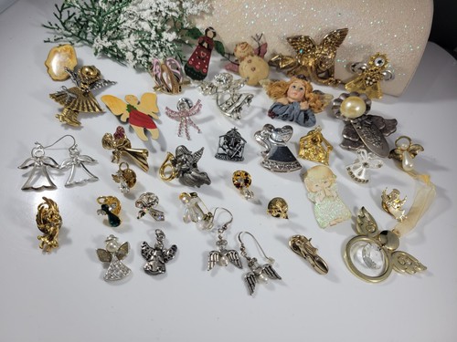 Vintage Christmas Brooch Holiday Lot Angels Lot Ornament Charms Earrings Cherub - Picture 3 of 19