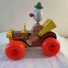 Vintage 1965 Fisher Price Jolly Jalopy Circus Clown Wooden Pull Toy 724