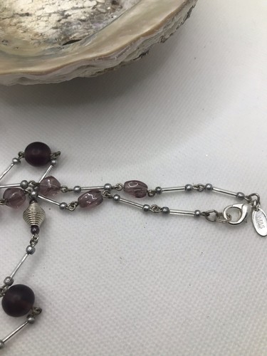 M&S Silver Tone Bar Link Long Length Necklace Purple Acrylic Beads Boho Flapper - Picture 11 of 12