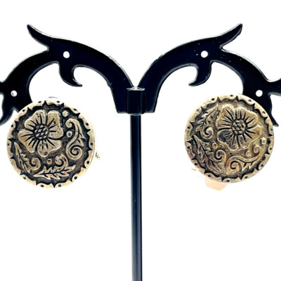 Vintage Floral Button Pierced Earrings Bronze Tone Nature Botanical Garden READ