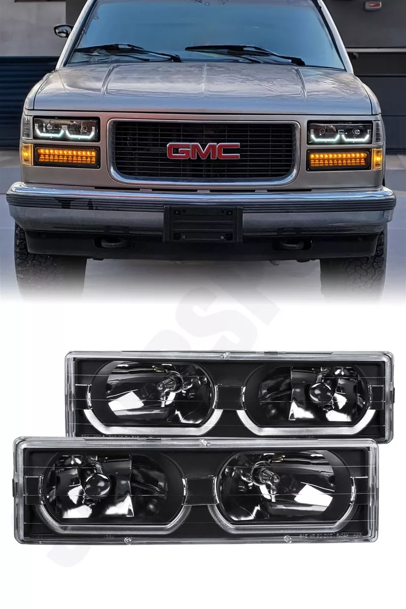 Black Euro Clear Headlights w LED Bar for 1988 1999 GMC Chevy C K