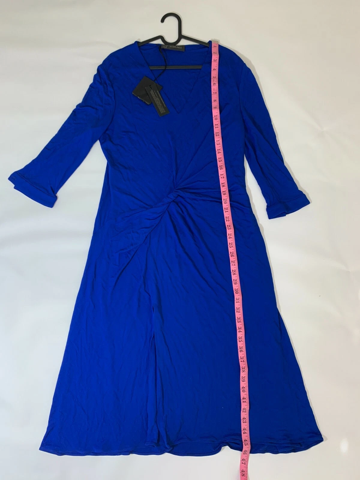 Abito VERSACE Prima Linea Blu Twist Drappeggiato LOGO BOTTONE Manica 3 4 Elasticizzato Taglia52