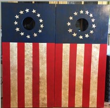 Distressed Betsy Ross Flag Cornhole boards and Free Bags