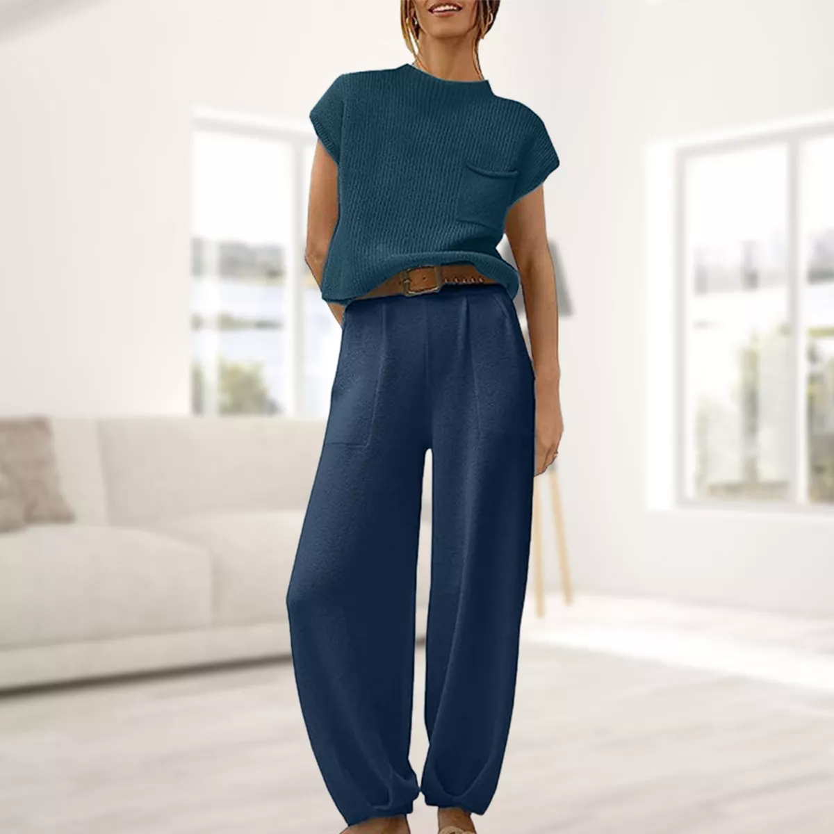 Women 2 Piece Pants Suit Pockets Two Piece Sweater Outfits Basic Vacation Outfit