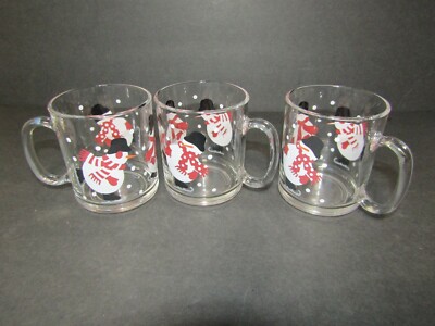 Crate & Barrel Skating Snowmen Luminarc Coffee Glass Cups Mug ~ Set Of 3 ~ Red