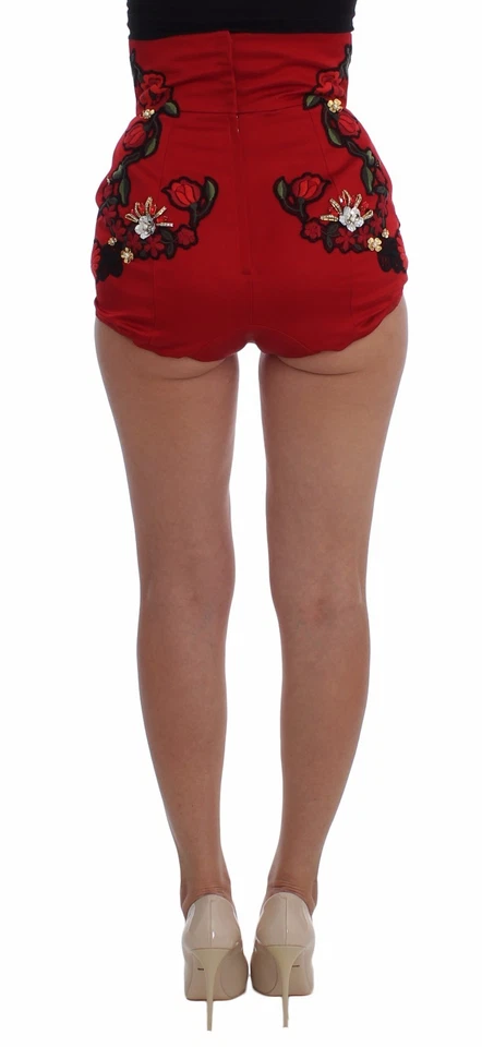 DOLCE & GABBANA Shorts Red Silk Crystal Roses Hot Pants IT40 / US6 / S RRP $3800 - Image 2 of 4