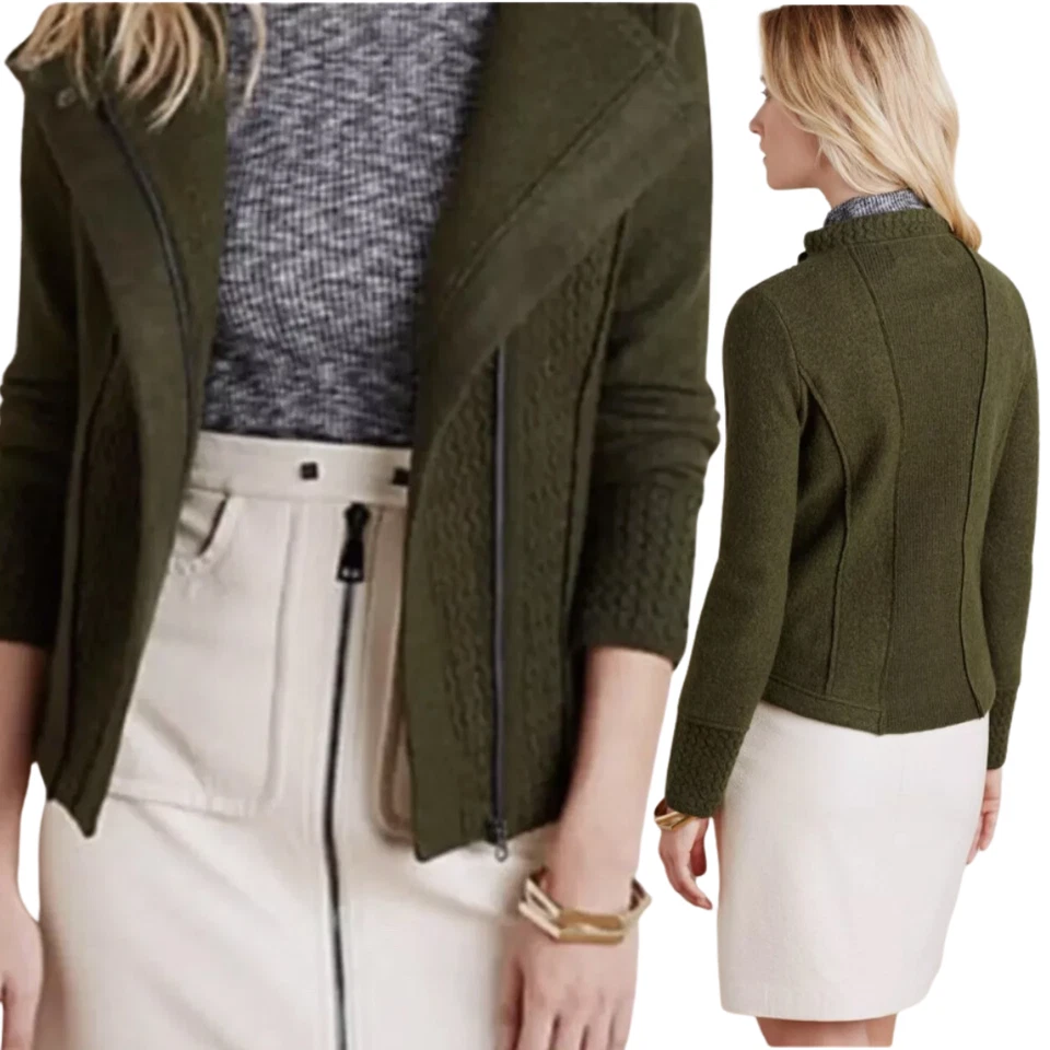 Chaqueta de moto Anthropologie Sparrow tejida de lana texturizada para mujer XS verde cremallera completa Foto 2 de 4