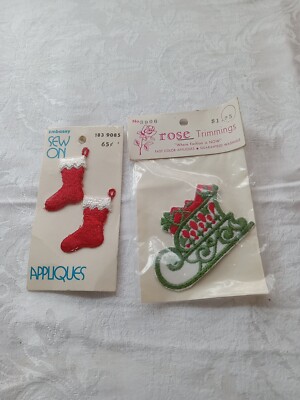 2  Vintage Stockings,  Slay Christmas Sew On appliqué Retro 70s 