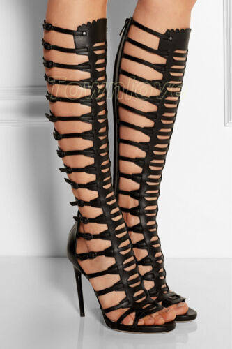 Womens Over The Knee Lace Up Boots Open Toe Thigh High Gladiator Heels Sandals - Picture 5 of 11
