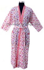 Indian Hand Block Print Robes Cotton Beach Wear Gown Dress Sleepwear Kimono Pink