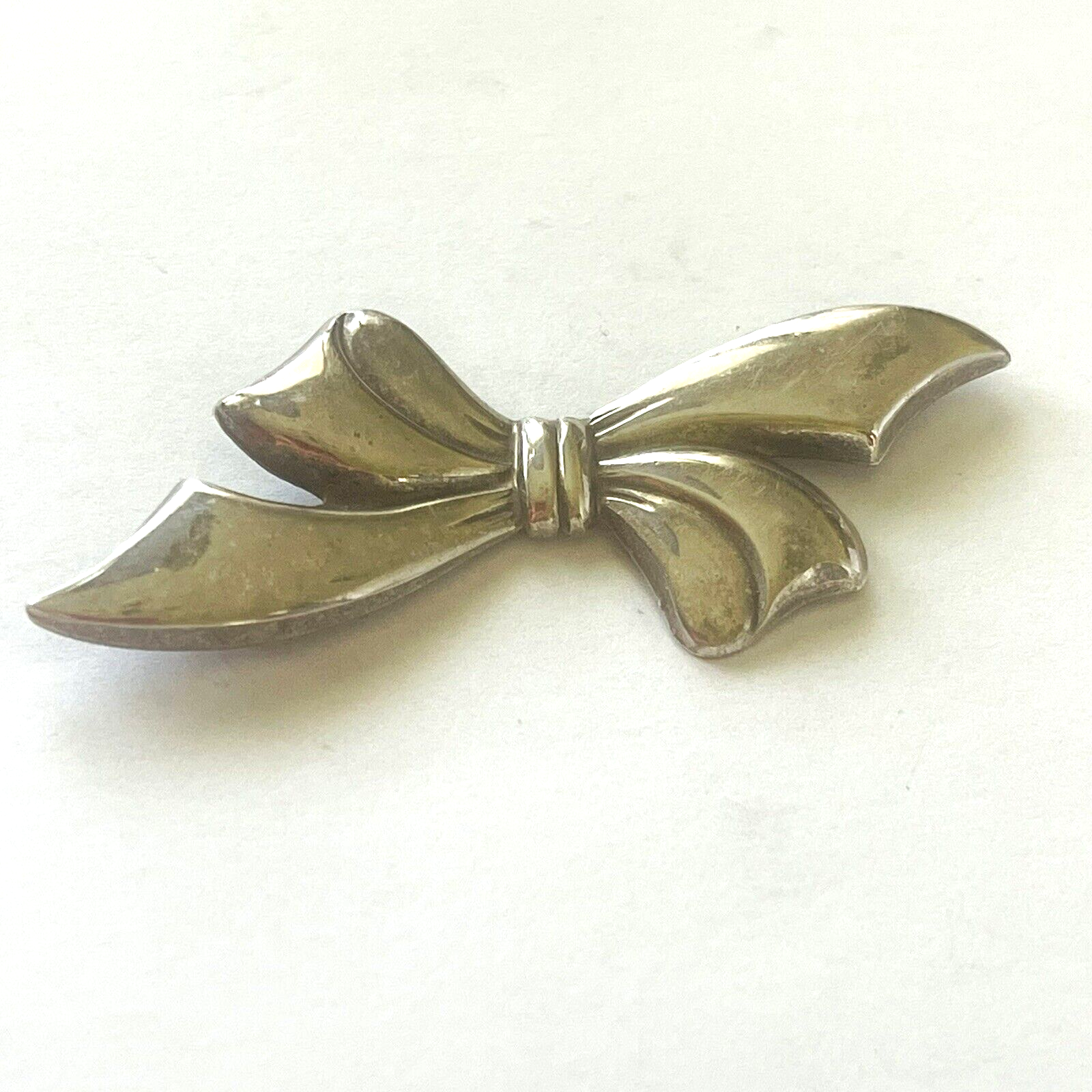 Sterling Silver Vintage Ribbon Bow Brooch Pin with Dimensional Knot 2.5x1.5 Inch