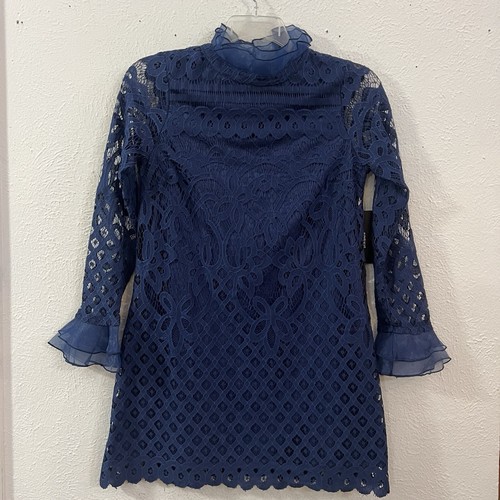 Lulu’s Mini Dress Women’s Lace Navy Blue Ruffle Sleeve and Neck Size S NWT - Picture 2 of 8