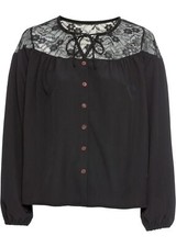 Bluse mit Spitze Gr. 42 Schwarz Damen Langarmbluse Shirt Tunika Oberteil Neu