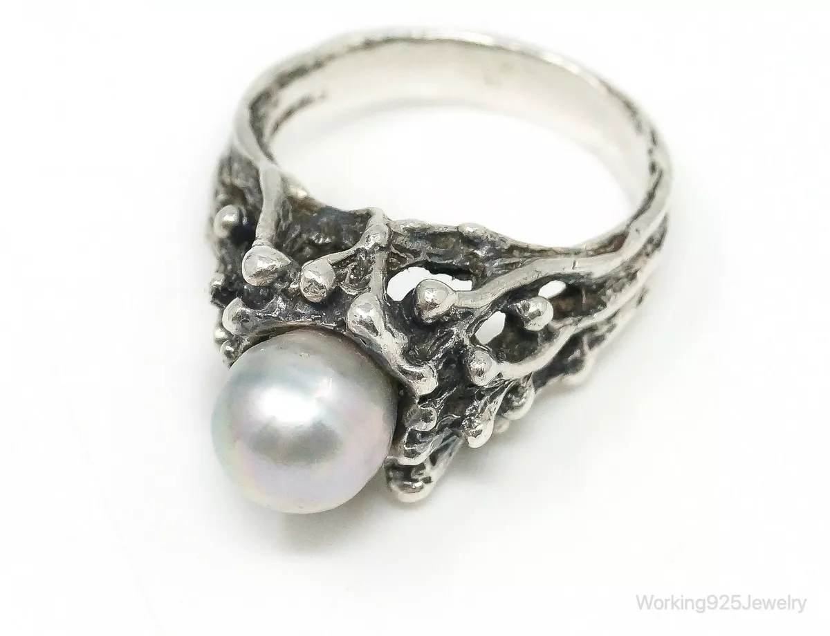Vintage Pearl Brutalist Sterling Silver Ring Size 5