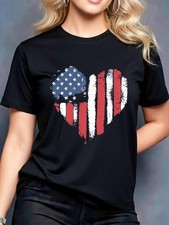 Women's Summer Patriotic American Flag T-Shirt Ladies Heart Design Casual Tops❀