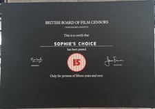 SOPHIE’S CHOICE (1982) BBFC Cert “Black Card” 15) 16.5” X 11.5” Meryl Streep