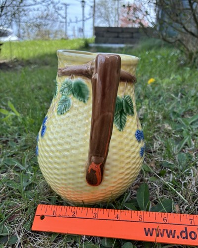 TIFFANY & CO. Yellow Basketweave Ceramic Pitcher /Vase Blackberries Portugal 7.5 - Picture 13 of 14