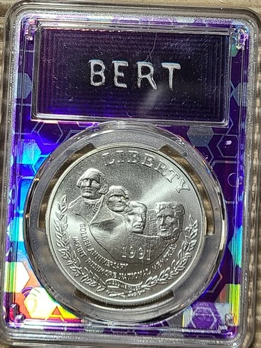 1991-P MOUNT RUSHMORE COMMEMORATIVE SILVER DOLLAR PCGS MS70 BERT LABEL