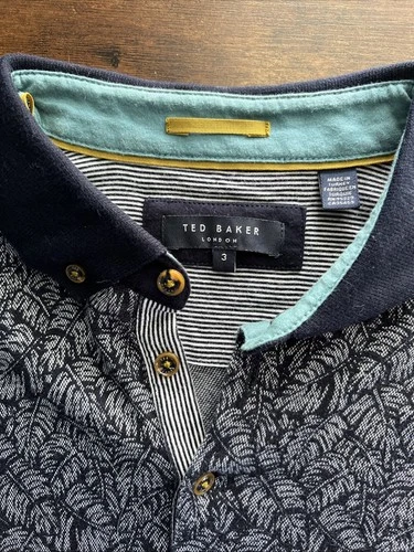 Ted Baker SPYDA Navy Blue Fern Leaf Print Polo Shirt - Size 3 (Medium)