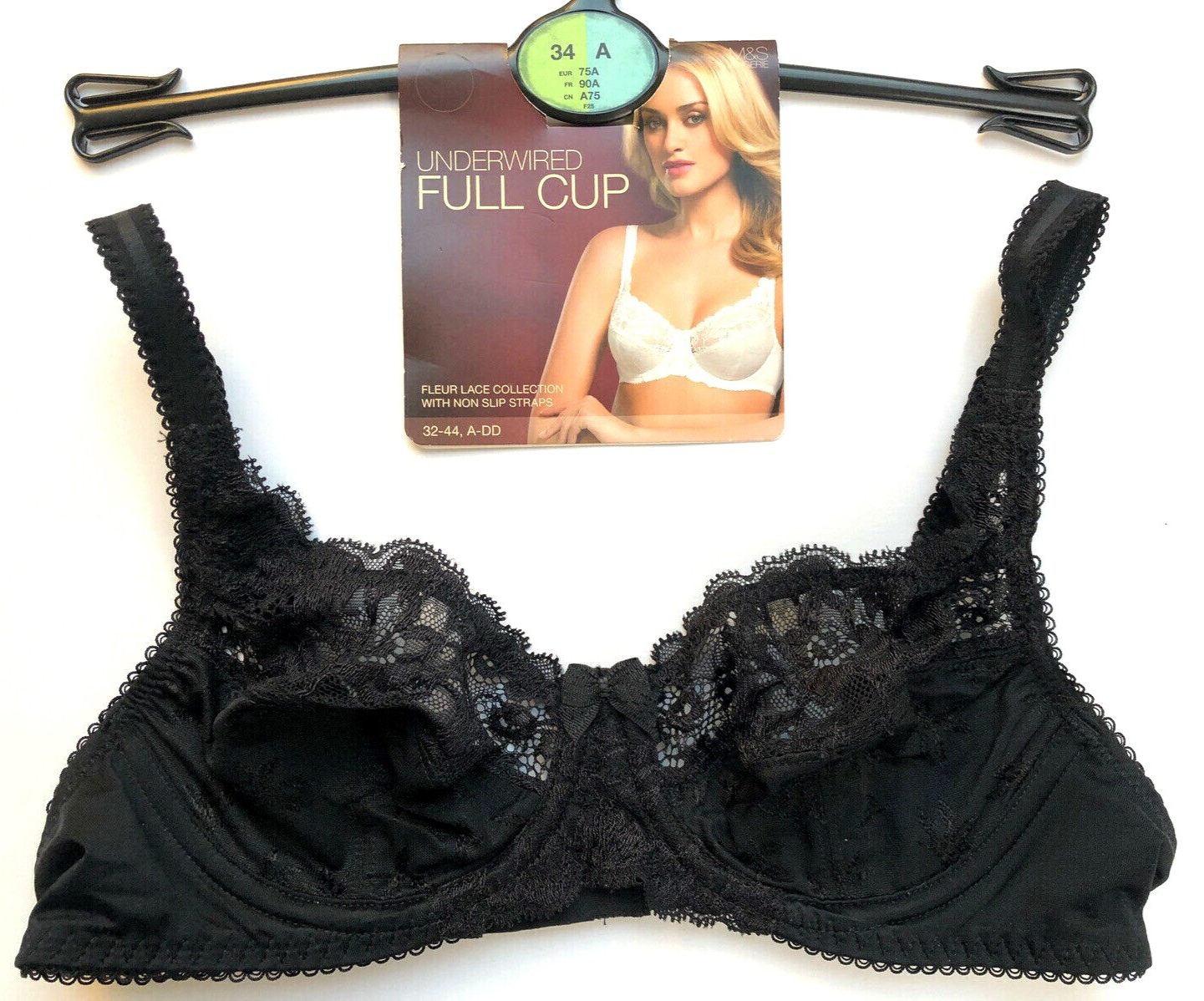 Marks & Spencer Underwired Non Padded Full Cup Bra 34A SOLID BLACK BNWT