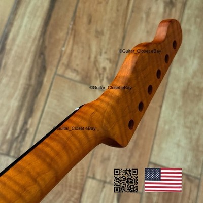 V-Shaped Roasted Flame Maple Rosewood Tele Neck Satin Fits Warmoth Body VsTRH