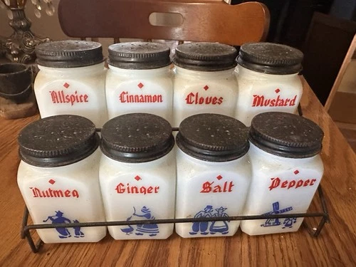 Vintage Milk Glass Spice Jar Set w/ Rack 1940s McKee Hazel Atlas Dutch Motif
