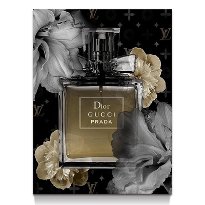 Fashion Perfume Bottle Flower Picture: Gold Grey Botanic Canvas Wall Art Flor...