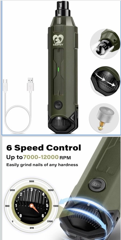 Casfuy 6-Speed Pet Nail Grinder 4.8V Motor w/ LED Light USB Rechargeable