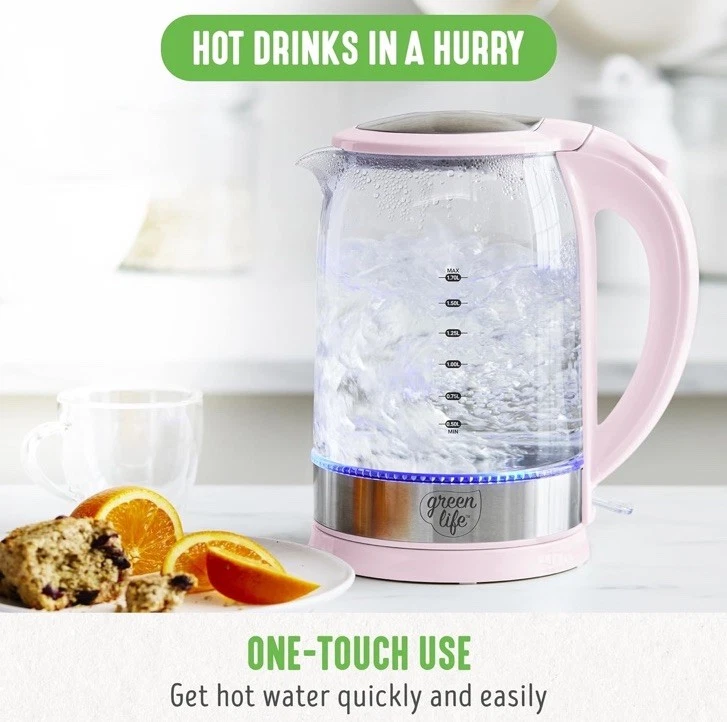 Chaleira elétrica de vidro fofa 1,7L rosa – LED, desligamento automático, sem fio, fervura rápida - Imagem 2 de 4