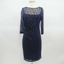 David Meister Cocktail Dress Womens 8 Lace Sheer Mesh Overlay Metallic Navy Blue